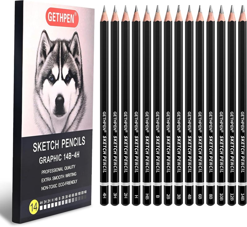 GETHPEN Professional Drawing Sketching Pencil Set - 14 Pieces Graphite Pencils(14B - 4H), Ideal for Drawing Art, Sketching, Shading, Artist Pencils for Beginners & Pro Artists - Image 1
